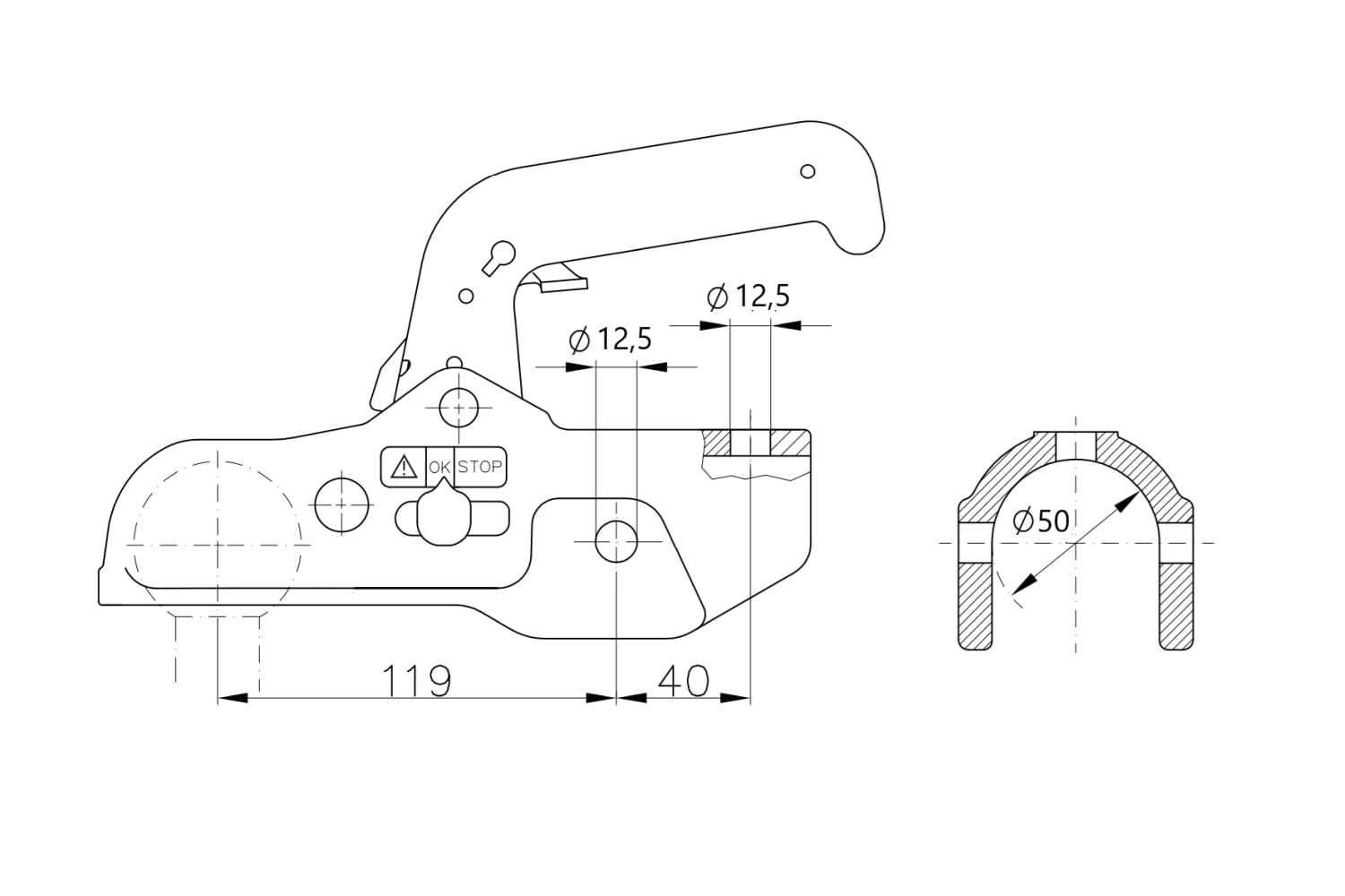 Winterhoff Kugelkupplung WW 350-RB-K1212, 50 mm, 3500 kg Gusseisen | Verzinktes Gusseisen mit Verschleißanzeige. Für schwere PKW-Anhänger, Pritschenanhänger und Baumaschinen bis 3500 kg.