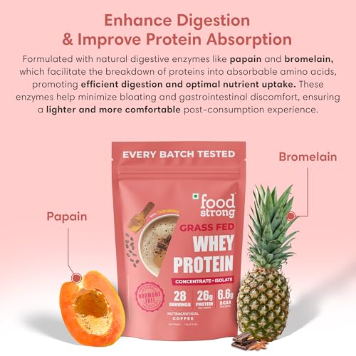 Image of Foodstrong Whey Protein Powder (Concentrate + Isolate), 100% Hormone Free Grass-Fed Whey, 24G Protein & 6.6G BCAA, Coffee, With Turmeric & Digestive Enzymes, 1KG (Pack of 2)