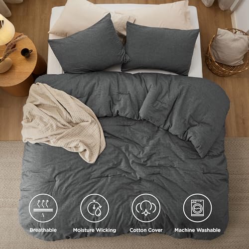 Image of Bedsure Comforter Set Queen Size - Cotton Fabric with Microfiber Inner Fill, Dark Grey PureWoven Soft Bed Set for All Seasons, 3 Pieces, 1 Comforter (90 inchx90 inch) and 2 Pillow Cases (20 inchx26 inch)