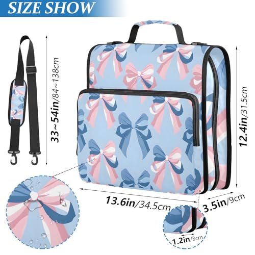 Image of 3 Ring Zipper Binder with Shoulder Strap Pink Bow Blue Pattern 1.5 inch Binders Keeper Large Capacity Multi Pockets for School Office Supplies