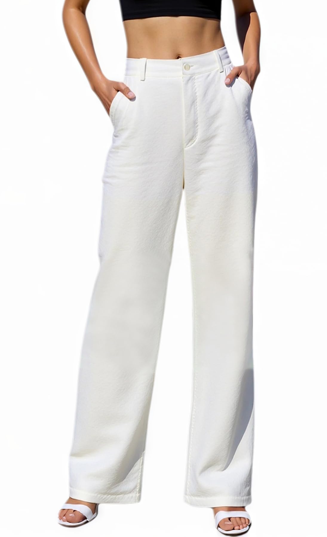 Beninos Womens Cotton Linen Summer Palazzo Pants Flowy Wide Leg Beach Trousers with Pockets