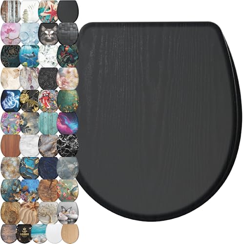 Image of Sanilo Wooden Toilet Seat with Quick Release & Soft Close [ROUND] - Decorative & Slow Close Molded Wood Seat - With One Click for Easy Installation & Cleaning - With Adjustable Fit (Black Wood)