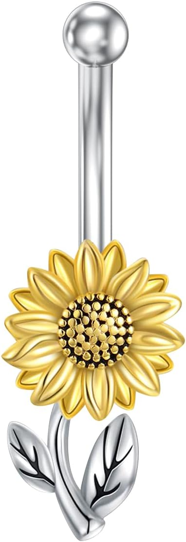 Sunflower Belly Button Ring 925 Sterling Silver Sunflower Navel Ring Flower Dangle Belly Piercing Jewelry for Women