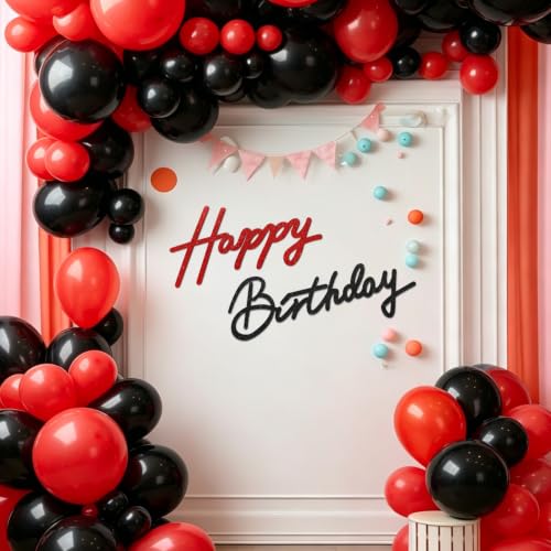 Image of TONIFUL Happy Birthday Sign for Backdrop - Glitter Black Red Felt Banner - Includes Dot Glue - Perfect for Birthday Party Backdrop,Wall Decr,Balloon Arch,Photo Background