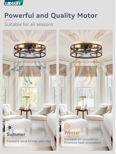 Image of LEDIARY 20 inch Caged Ceiling Fan with Light and Remote, Low Profile Flush Mount Fandelier, Walnut Bladeless Enclosed Small Fan Lights Ceiling Fixtures, Rustic Farmhouse Style for Bedroom, Outdoor