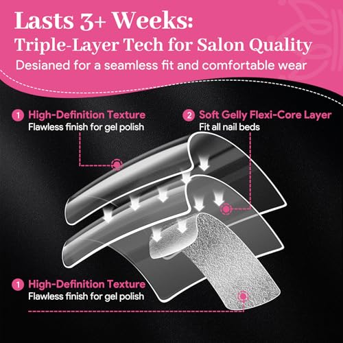 Image of Short Square Half Cover Nail Tips 510 Pcs Clear 15 Sizes | No-file pre-buffed half cover clear tips with half sizes and thin back design for DIY nail extensions.