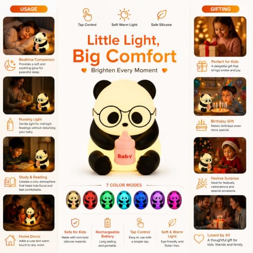 Image of HUMAIZAR Baby Panda Silicone LED Night Lamp - Cute Panda Night Light with Goggles, Multicolor Touch Bedside Lamp for Kids Room Decor, Rechargeable Nursery Night Light, Birthday Gift for Girls Boys