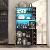 Aunvla 100 x 47 x 187 cm, armario de cocina, buffet con iluminación LED ambiental y agujeros para cables, tablero de cocina de madera, gran espacio para microondas, independiente, estantes laterales