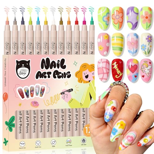 Image of 12 Colors 3D Nail Art Pens 0.7mm, Waterproof Quick Dry for DIY Nail Design | Acrylic Nail Markers for Liner, Dotting & Painting. Home & Salon DIY,Beginners Friendly,Christmas and Halloween Nail Art