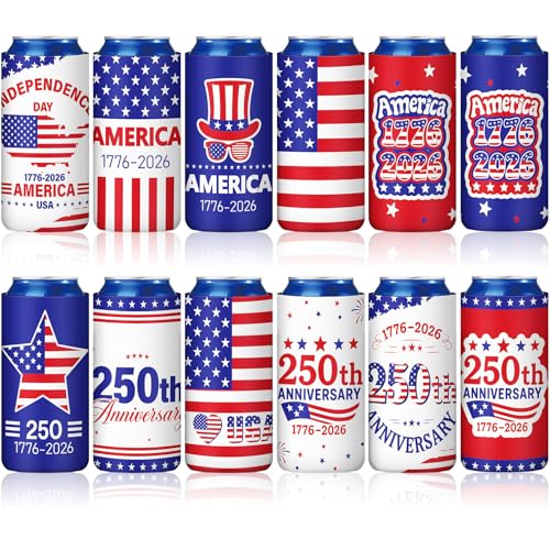 Image of Yungyan 12 Pcs 4th of July American Can Cooler Patriotic Sleeves 250th Anniversary for 1776-2026 Independence Day Red Blue USA Flag Accessories Memorial Day for Party Favors Decoration(Fashion Style)