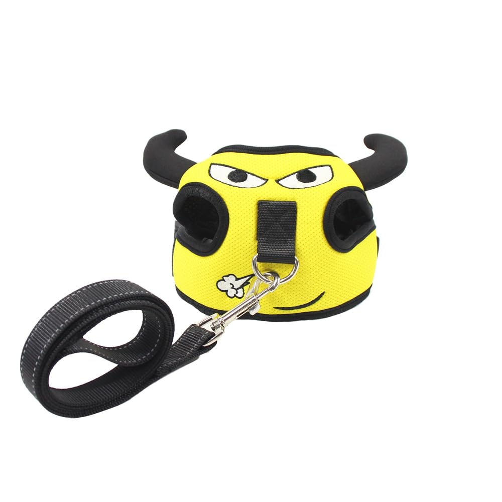 Dog Harness for Small Dogs, Dog Harness and Leash Set, Cute Breathable Mesh Puppy Harnesses, Adjustable Soft Padded Dogs Vest Harnesses (Yellow Bull,