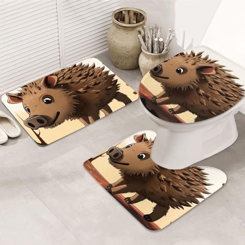 Dwrepo Wild Boar Animation Print Bathroom Rug Set 3 Piece with Non-Slip U-Shaped Contour Mat and Toilet Lid Cover for Bathroom Decoration