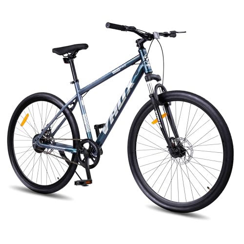 Image of Vaux City-Pro Single Speed Hybrid Cycle for Men with Dual Disc Brakes & Suspension Fork, 19 Inch Hi-Ten Steel Frame, 700x35C Tyres, Alloy Rims, City Bike(Grey-Blue, Single Speed, Suspension Fork)