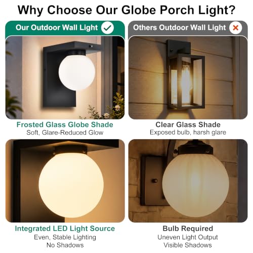 Image of Large LED Outdoor Wall Lights, Frosted Glass Globe Shade Outdoor Sconce, Black Exterior Light Fixtures with Dusk to Dawn Sensor, Waterproof 12W 3000K for Front Door, Garage, Patio, Porch, 1 Pack