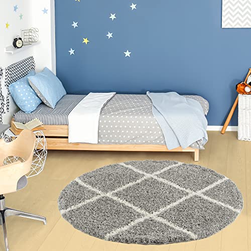 THE RUGS Shaggy Rug, Modern Moroccan Design Rugs for Living Room Bedroom, Hallway, 3 cm Thick Area Rugs, (Diamond Grey/Ivory - Image 2