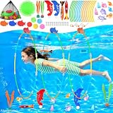 EULRGAUS Pool Toys, 34PCS Swim Thru Rings Pool Games, Diving Toys with Diving Rings, Underwater Treasures, Diving Gems, Water Toys with Splash Balls, Water Frisbee, Swim Toys for Kids, Boys and Girls