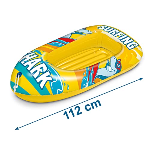Mondo Toys – Surfing Shark Boat – Schlauchboot mit aufblasbarer Basis, für Kinder, Größe 112 cm, hitzebeständiges PVC, 16922