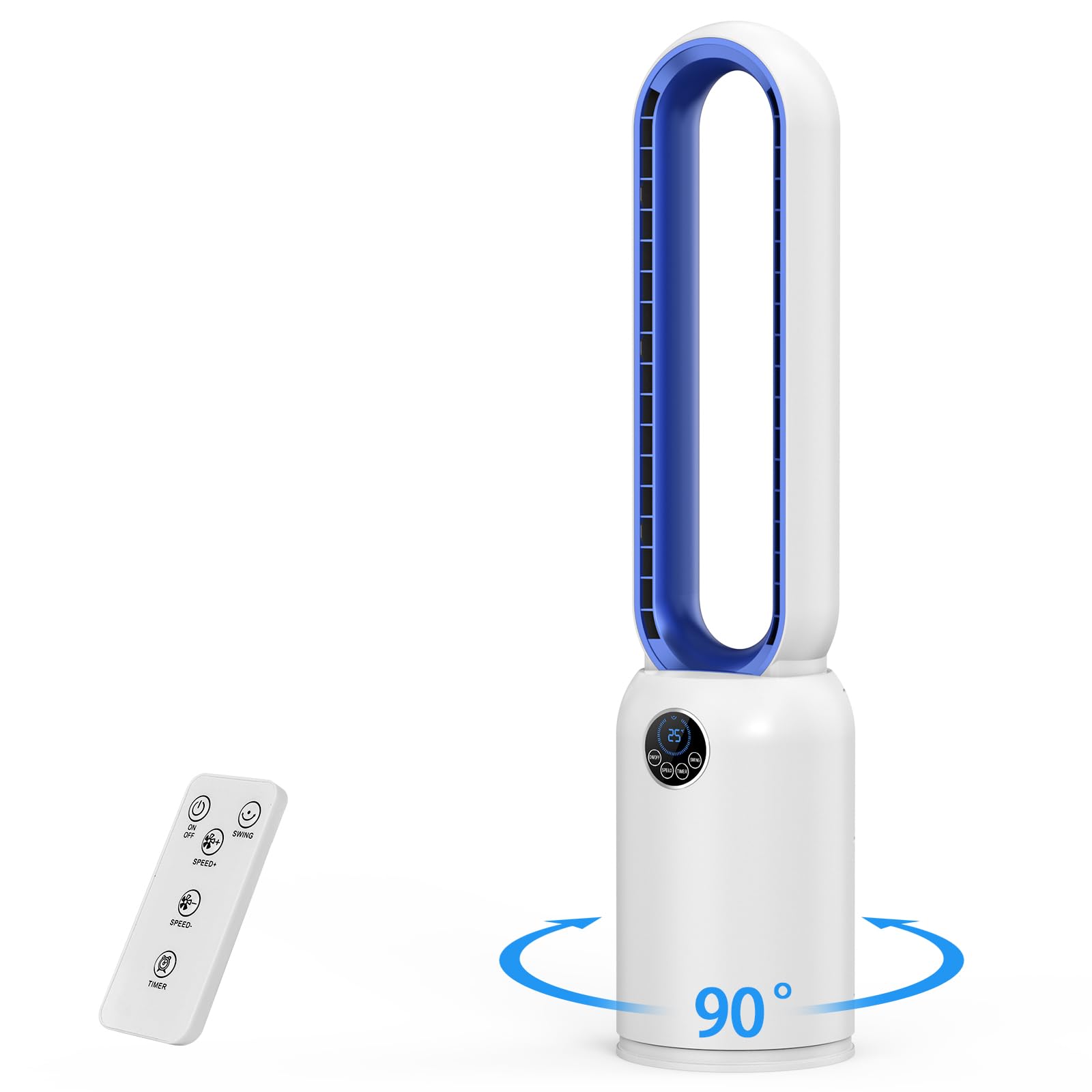 Ventilador de Torre sin Aspas, Ventilador Silencioso de 24 Velocità con purificador de aire HEPA, Timer 12 Ore, Oscillante a 90°, Display a LED y Control Remoto, Portátil, para Dormitorio