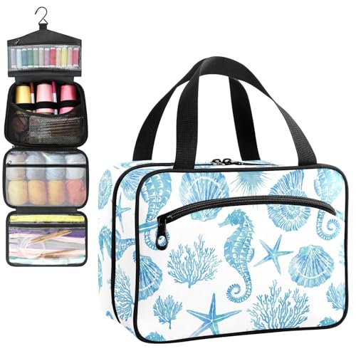 YNNALE Sewing Supply Organizer Bag, Blue Seahorse Marine Animal Portable Sewing Bags with Pockets&Hanger, Sewing Storage Box Case for Sew Supplies/Kit/Tools/Accessories (BAG ONLY)