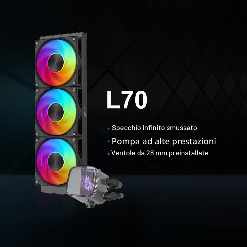 SAMA L70 Dissipatore di calore a liquido per CPU da 360 mm con effetto specchio infinito ARGB, 3 ventole ARGB PWM da 120 mm, a basso rumore, per AMD: AM4 AM5/Intel LGA 1700/1150/1151/1200/1851-Nero