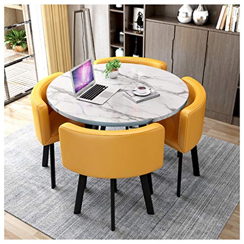 Juego de mesa de comedor de 5 piezas para balcón, cocina o comedor, mesa redonda de madera de 80 cm/90 cm, con patas de metal y 4 sillas de cuero negro, ideal para oficina, recepción o zona de ocio