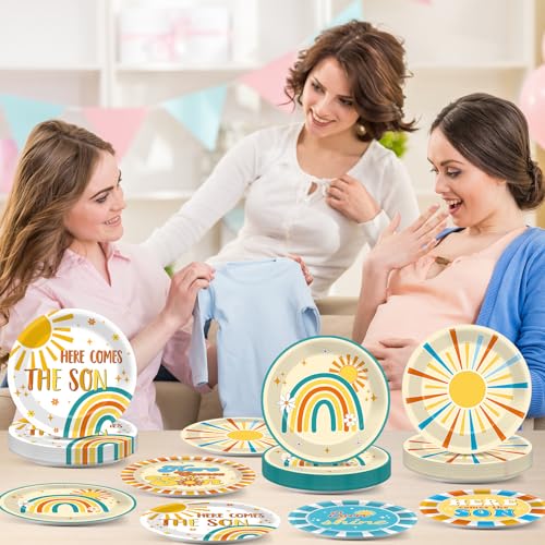 48 Pcs Here Comes The Son Baby Shower Decorations Paper Plates Boho Sun Rainbow Disposable Dessert Cake Dinner Plates Sunshine Party Boy Baby Shower Supplies Favors
