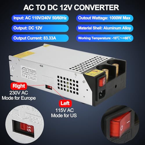 New Version 12V 1000W AC to DC Converter, DC Power Supply Switch Adjustable Switch Transformer for LED Strip, LCD Monitor, CCTV, 3D Printer, Computer Project, Radio and Car Stereo Max Current 83.4A2