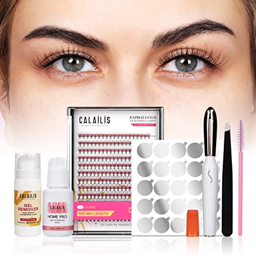DIY Eyelash Extension Kit,CALAILIS Naturals Individual Lashes Home Eyelash Extension Glue-based Band 0.10 Thickness 20 Roots with Lash Adhesive Pink Brush Glue Sticker Tweezer Glue Gel Remover and Eyelash Curler Mix Tray