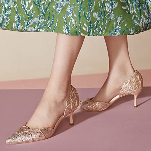 Image of XYD Women's Pumps, Elegant Pointed Toe, D'Orsay Kitten Low Heels, Rhinestone Studs, Slip-On Satin Shoes for Wedding