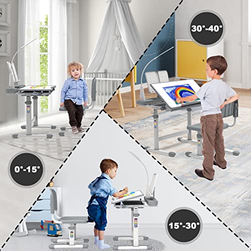 Wrilibo Kids Desk And Chair Set 10-12 Year Old, Kids Study Desk With Light, 40 Degree Tilted Tabletop Desk For Kids,Height Adjustable Kids School Desk For Boys And Girls,Grey #TOP1
