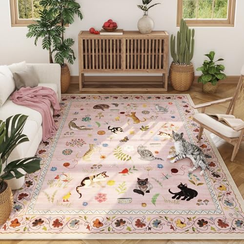 Area Rugs 8x10 Rug for Living Room Clearance Washable Boho Area Rug Non Slip Floral Animal Cat Vintage Low Pile Large Rug for Living Room Bedroom Farmhouse Dining Room Kids Playroom, Pink