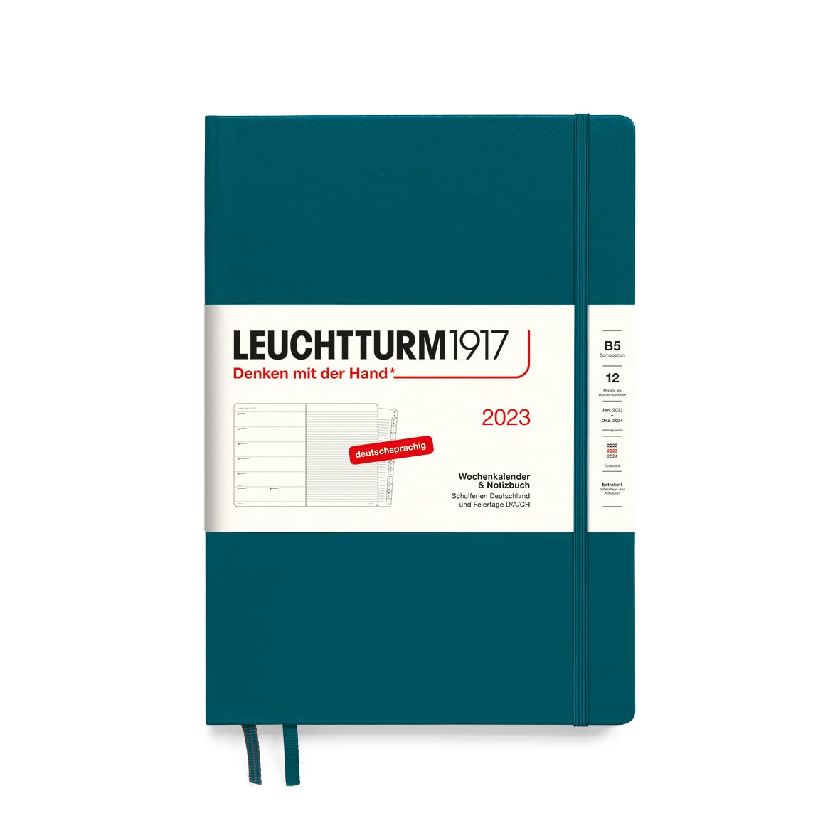 LEUCHTTURM1917 365661 Weekly Calendar & Notebook Composition (B5) 2023, 12 Months, Pacific Green, German
