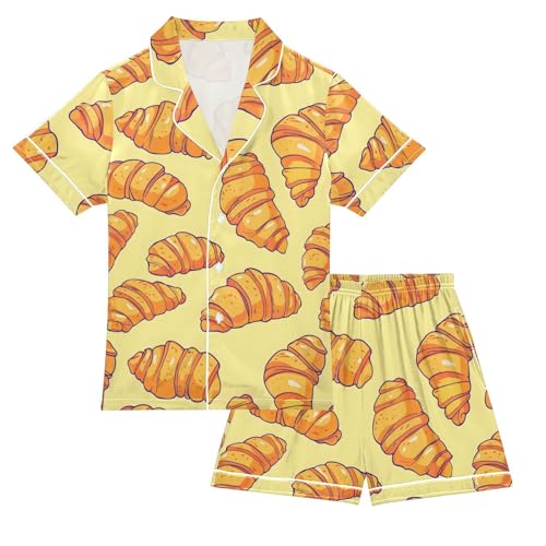 ALAZA Yellow Croissant Bread Satin Pajamas Set Short Sleeve Button Down Sleepwear Summer Pjs 2 Piece