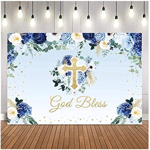 God Bless Backdrop Baptism Party First Holy Communion Christening Banner Decor Blue Flower Boy Baby Shower Background 5×3 Foot Vinyl Backdrop Cover