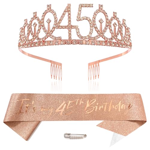 Or Rose 45th Anniversaire Couronne et Écharpe Fille 45e Anniversaire Décoration Strass Anniversaire Tiare Princesse Couronne Queen Tiara Anniversaire Fille 45 Anniversaire Décoration Fête Vêtements