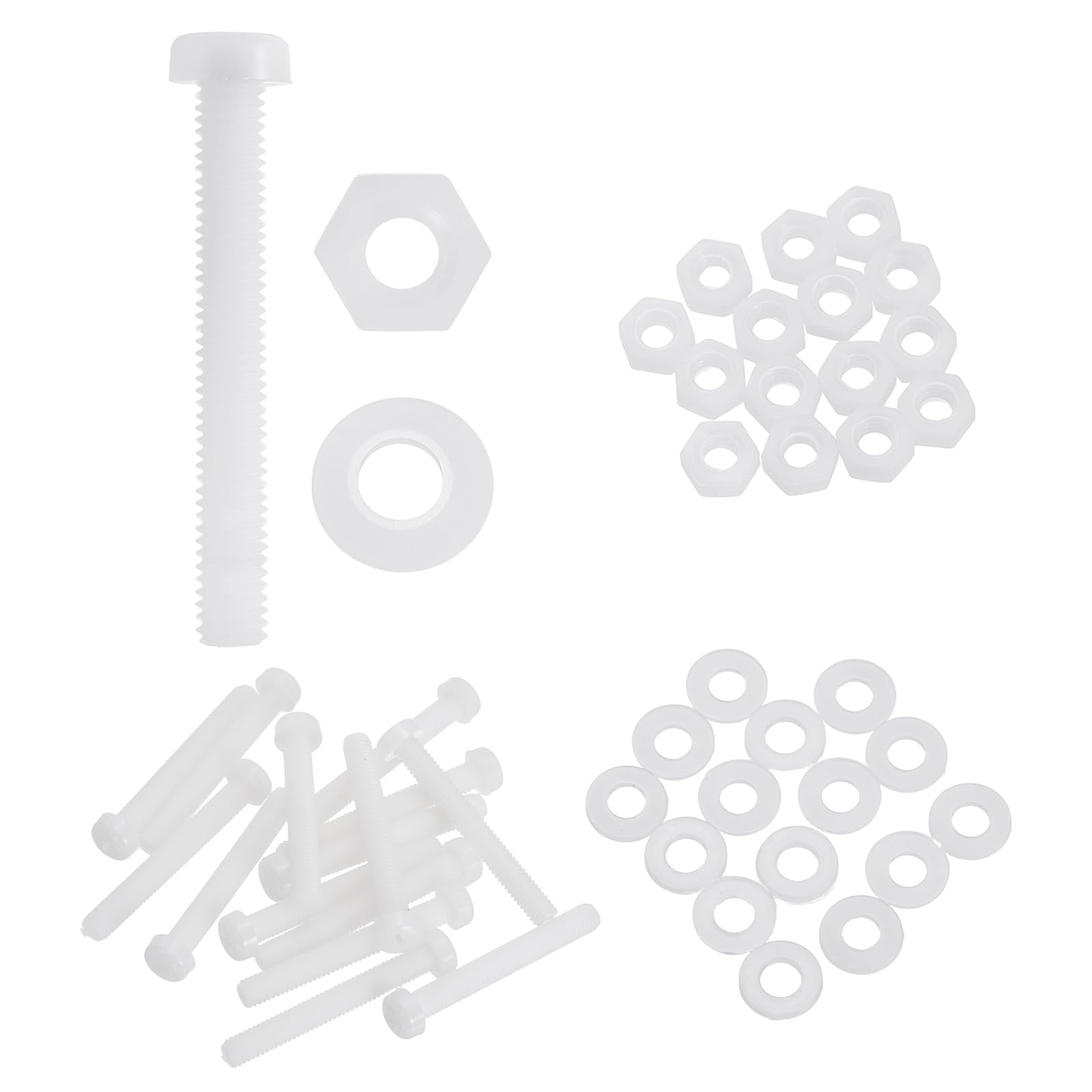 sourcing map 15 Set M6x45mm Nylon PA66 Plastic Cross Round Head Screw Phillips Bolts Hex Nuts Flat Washers Assortment Kit, Metric Full Thread Bolt Fasteners for DIY Machine Assembly, White — image 1