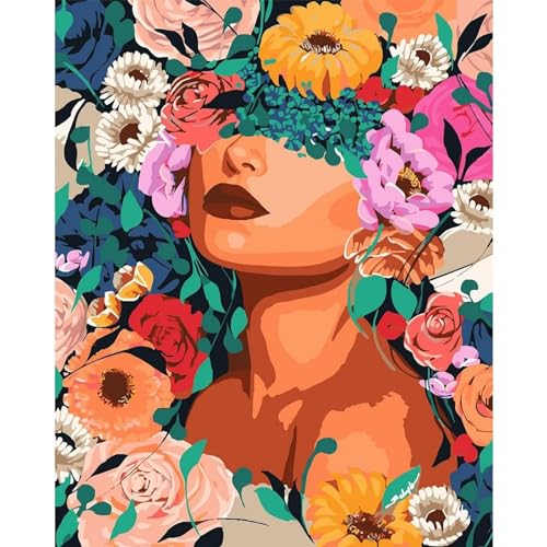 Pintura por números Flores Adultos, DIY Pintura al óleo sobre lienzo Colorido para niños, Pintura Pintada a Mano Arte Moderno para Decoración del Hogar con 3 Pinceles, Pintura acrílica (sin marco)