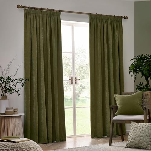 furn. Yard Heavy Chenille Pencil Pleat Curtain Pair – Lined Room Darkening Soft Velvet Curtains (Olive - Width 117 x Drop 137cm) - Image 2