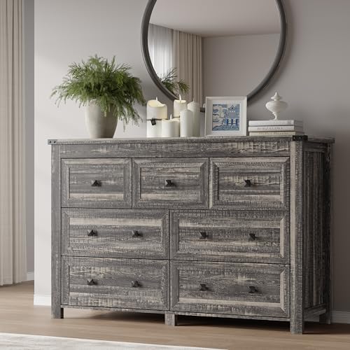 Image of BORNOON 7-Drawer Dresser, Modern Wooden Storage Chest of Drawers, Dresser TV Stand, Wood Drawer Organizer with Metal Handles for Bedroom, Living Room, Hallway
