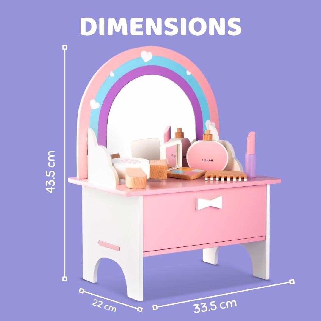 Cots and Cuddles Wooden Dressing Table Playset for Kids | Pretend Play Makeup Set with Wooden Hair Dryer, Perfume, Lipstick, Comb & Mirror (Age 3+) - Image 7 thumbnail