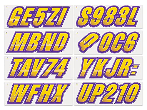 Image of STIFFIE Techtron Yellow /Purple 3 inch Boat & PWC Registration Decals • Numbers Letters Stickers