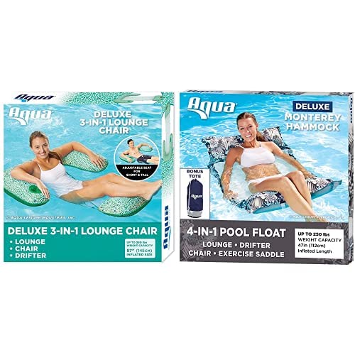 Aqua Leisure Mosaic 3-in-1 Pool Chair Float and 4-in-1 Premium Resort-Quality Monterey Hammock Pool Float & Water Hammock with Bonus Tote - Green Mosaic Lounge and Antigua Blue Hammock