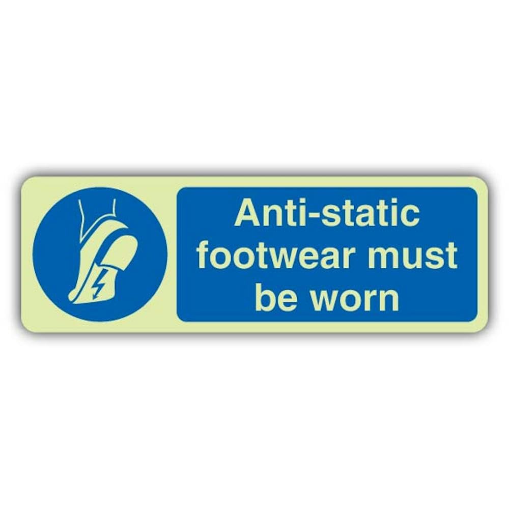 V Safety - Señal antiestática que brilla en la oscuridad, con texto en inglés "Footwear Must Be Worn", formato horizontal, 600 x 200 mm, vinilo autoadhesivo de triple brillo, señalización de seguridad