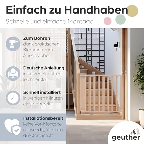 Geuther Treppenschutzgitter Oris | Türschutzgitter zum Anschrauben inkl. 2X Klemmen für Treppengeländer, Breite 67-95 cm | Stabiles Türgitter mit Schwenktür | Kindergitter Holz, Natur lackiert