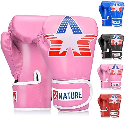 Xnature 4oz 6oz 8oz PU Kids Boxing Gloves w/Gift Box Children Cartoon MMA Kickboxing Sparring Youth Boxing Gloves Training Gloves Age 5-12 Years Pink
