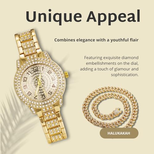 Image of Halukakah Diamonds Watch Iced Out for Boy Teens Kids - 18K Real Gold /Platinum Plated,Arabic Numerals Round Dial,Japanese Quartz - 7.7 inch Length - Optional with Cuban Link Chain - for Birthday,Parties