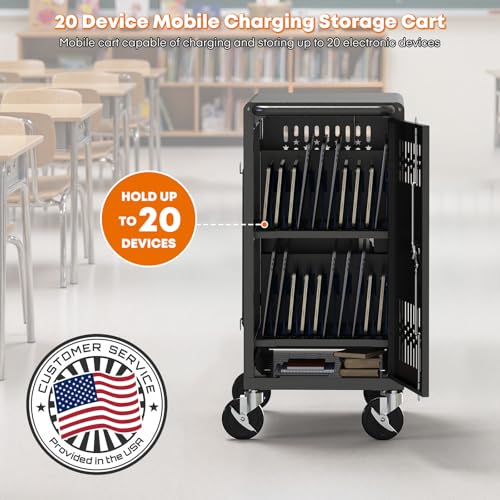 Image of Pre-Assembled American Style Heavy-Duty 20 Bay Laptop Charging Cart for School Classroom Storing and Charging 20 Chromebook, Laptop, and Tablet