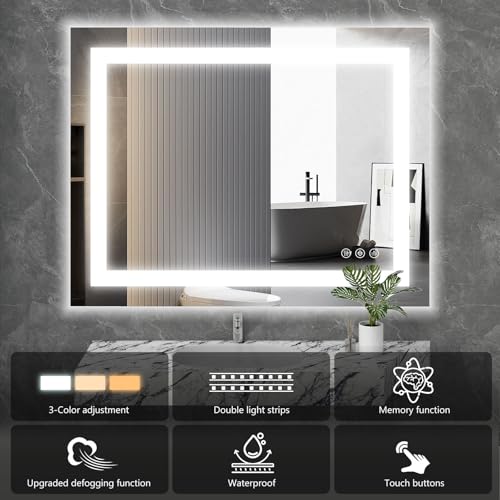 Image of NEWBULIG 48 inchx 36 inch LED Bathroom Mirror with Lights, Anti-Fog | Lighted Bathroom Vanity Mirror for Wall, Memory Function, Dimmable, Tempered Glass, Shatter-Proof