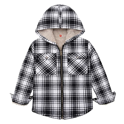 Image of ThCreasa Boys Plaid Flannel Jackets Sherpa Lined Zip Up Long Sleeve Warm Flannel Shirt with Hood