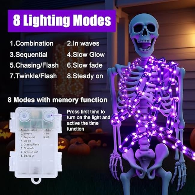 Battery Operated Halloween Lights, 10.5FT 175 LED Plastic Chains Lights, 8 Modes Waterproof Timer String Light for Skeleton Dog Creepy Costumes Accessories Spooky Outdoor Decorations(Purple)